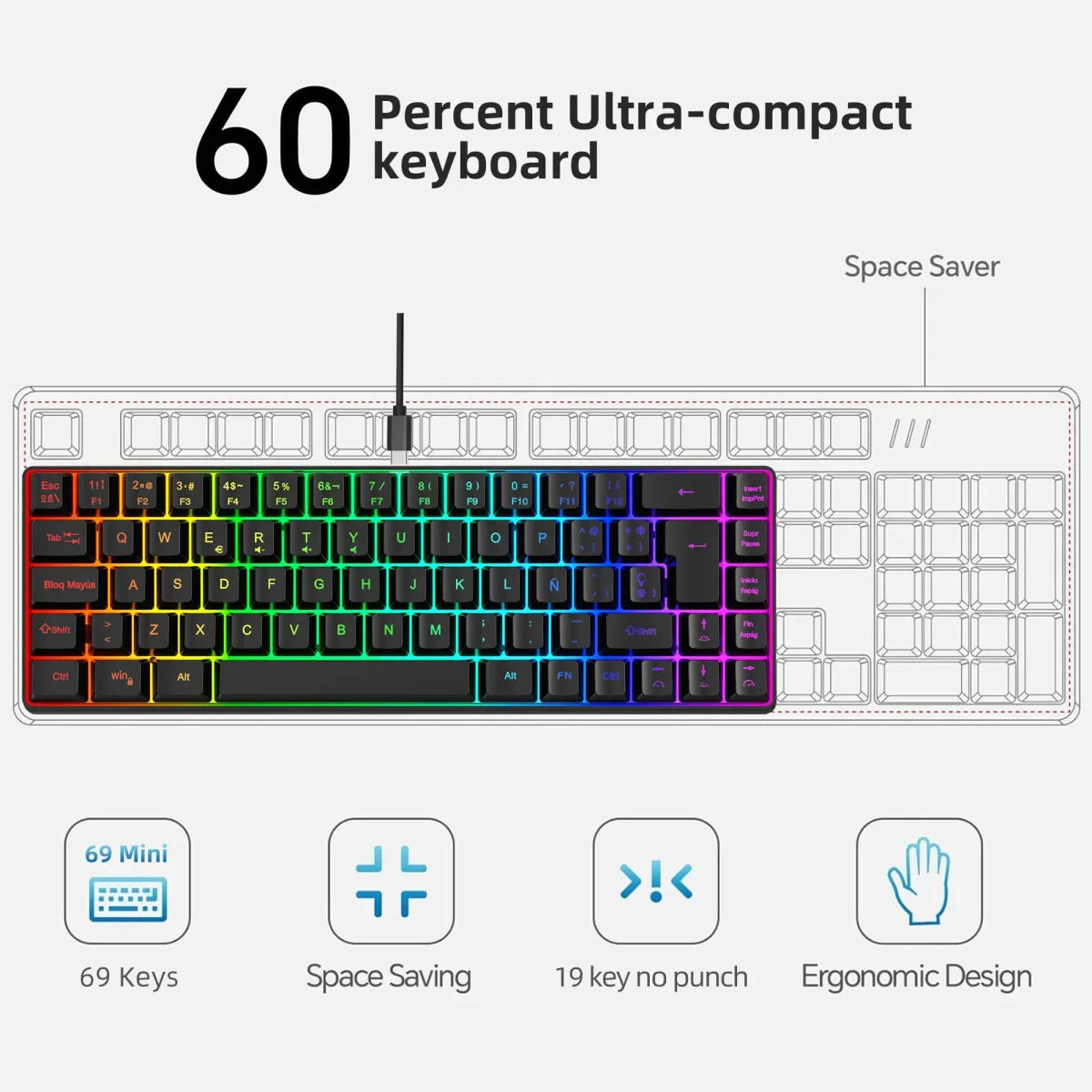 RGB backlit keyboard Russian 69 keys white membrane gaming wired ergonomic Keyboards for compact mini  for pc laptop color black