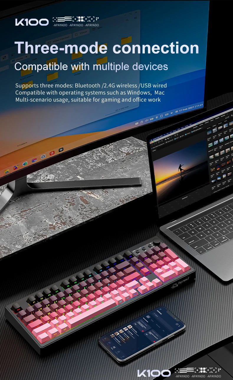 FREEWOLF K100 Wireless Keyboard Quiet with Media Knob|Side-print Backlit|4000mAh|26-Key Rollover Mechanical Feel Keyboard