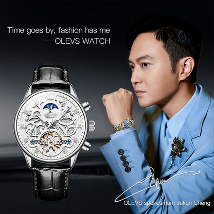 OLEVS 6658 Automatic Mechanical Watch for Man Leather Strap Waterproof Moon Phase Business Dress Men's Watches