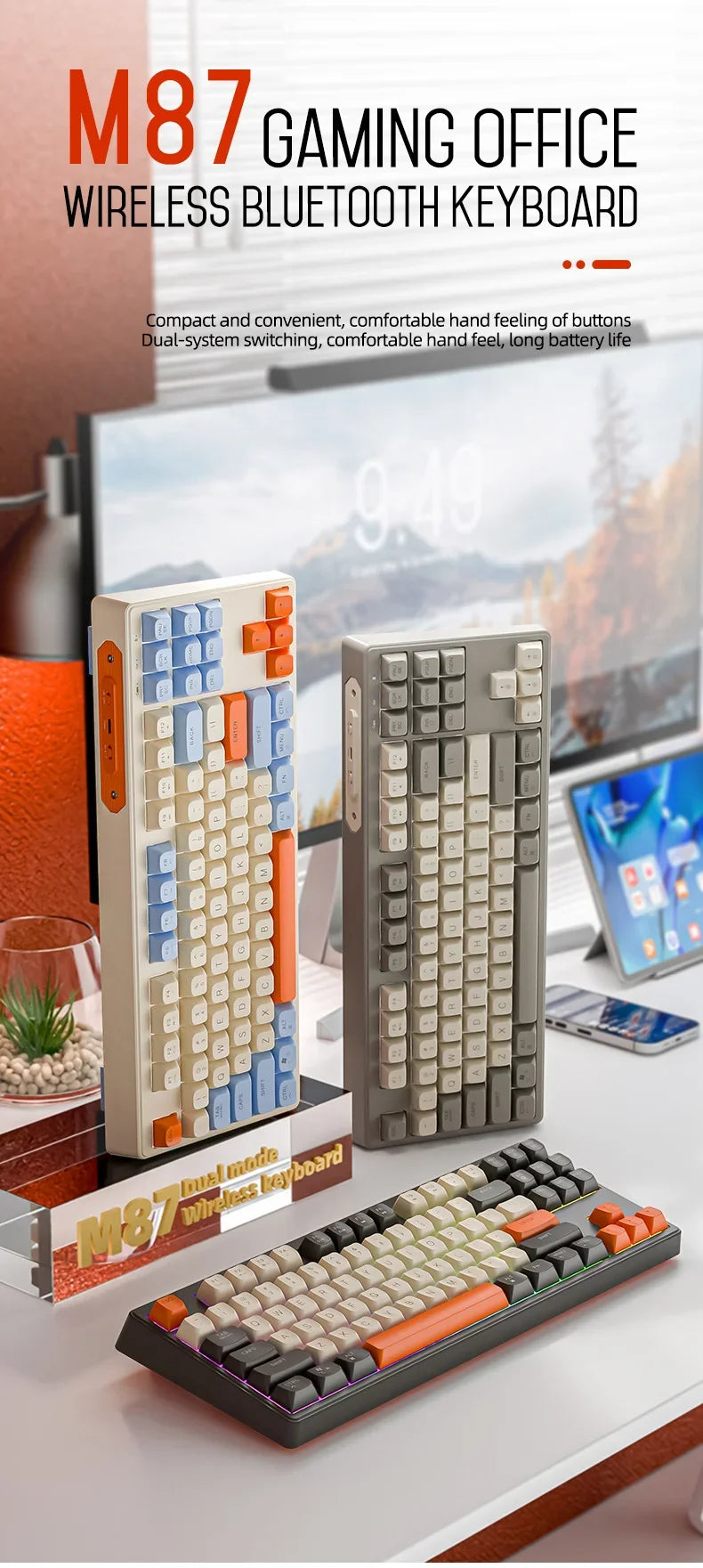 M87 Wireless Bluetooth Dual Mode Keyboard, Mechanical Feeling Gaming Gaming Office Mute PBT Ball Cap Rainbow Light