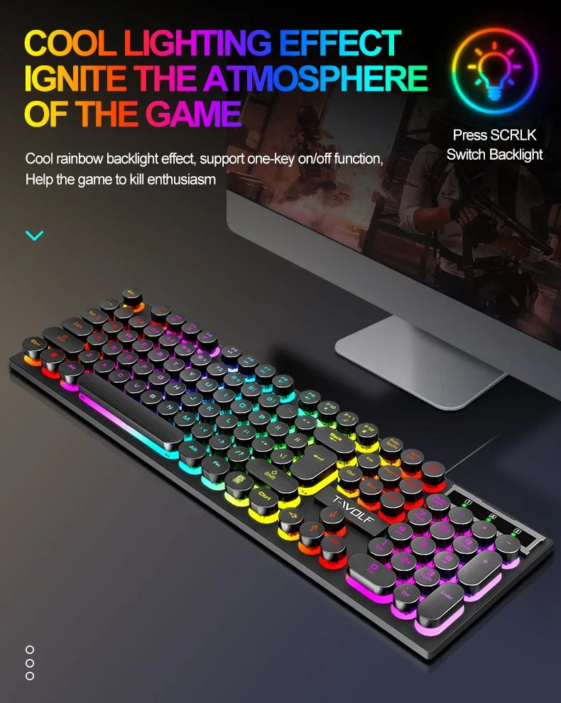 T80 Gaming Mechanical Feel Keyboard Wired 104 Keys Keyboard USB Retro Punk Game office Suspended Keycap cool RGB lighting effect