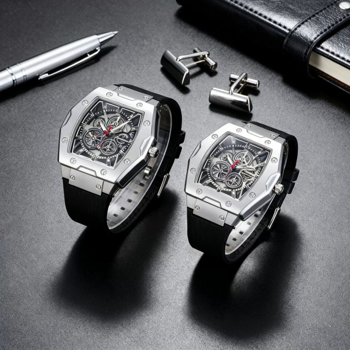 New Fashion Luxury Man Tonneau Hollow Skeleton Faux Mechanical Watch Men Militray Sports Silicone Quartz Watches Reloj Hombre