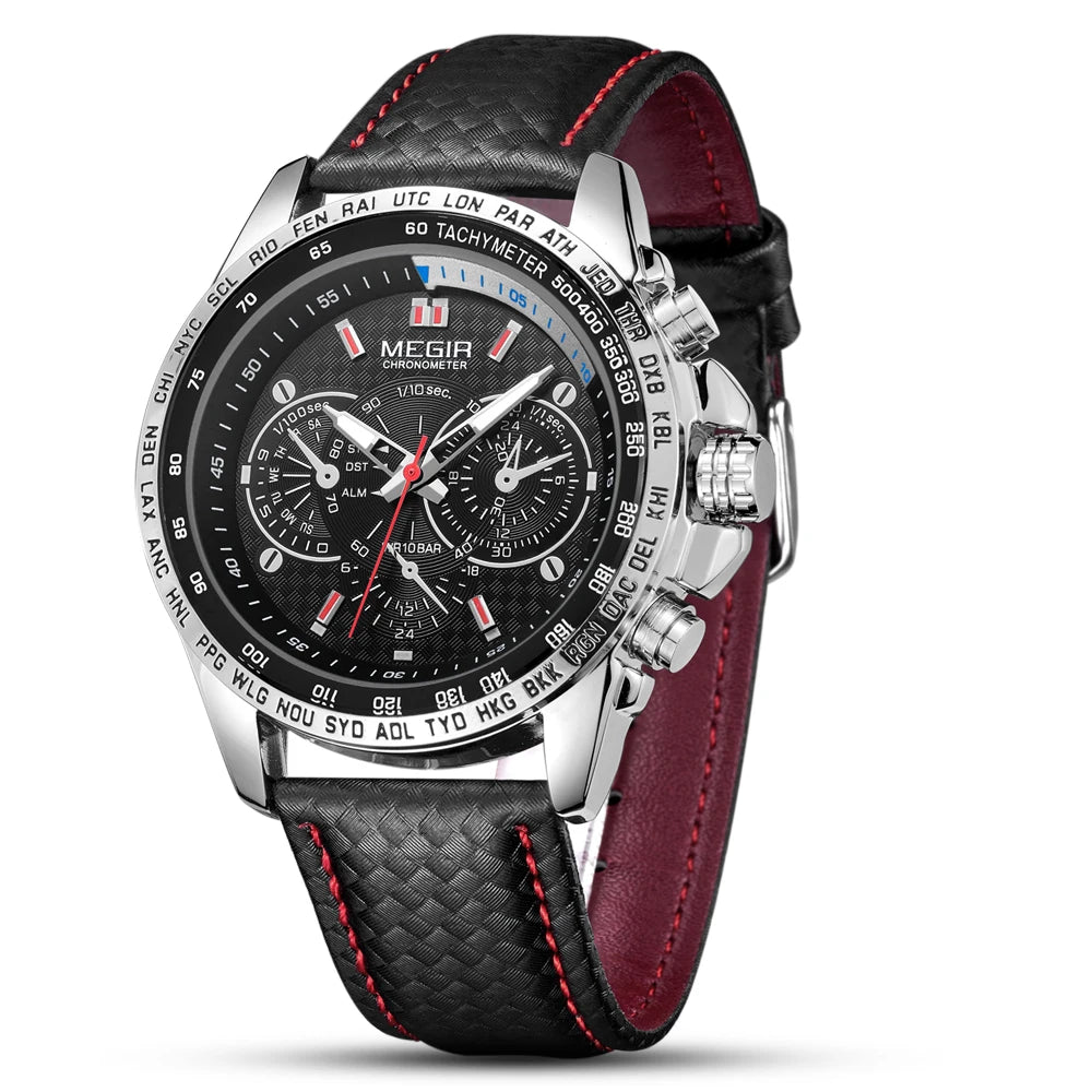 MEGIR analoog quartz-polshorloge voor heren – Waterdicht luxehorloge met leren band, casual stijl, model 1010 (zwart)