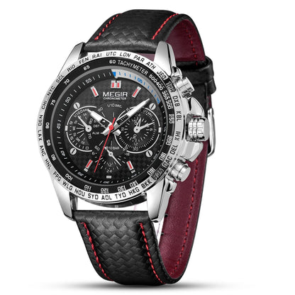 MEGIR analoog quartz-polshorloge voor heren – Waterdicht luxehorloge met leren band, casual stijl, model 1010 (zwart)
