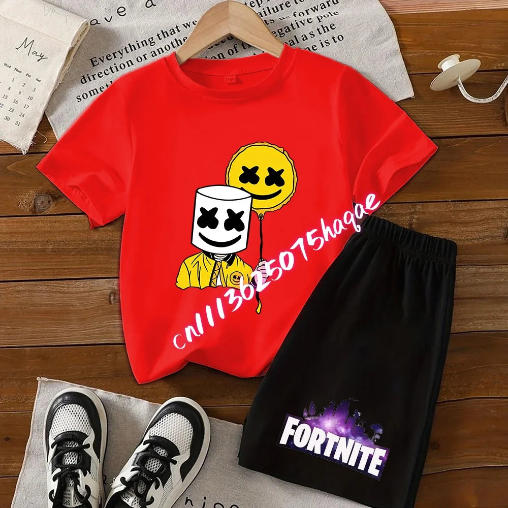 Completo estivo Fortnite con T-shirt e shorts per bambini e bambine, set 2 pezzi, abbigliamento bambino con top, T-shirt e pantaloncini, stampa Fortress Night, idea regalo