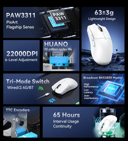 ATTACK SHARK X11 SE Wireless Gaming Mouse 22000 DPI,PixArt PAW3311 Sensor,BT/2.4G/Wired,59g Lightweight,2000W Clicks