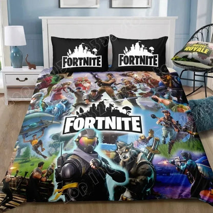 Fortnite-Bettwäsche-Set, 3-teilig, 3D-Druck, Bettwäsche für Schlafzimmer, Gaming-Cartoon-Dekor, Bettbezug und Kissenbezug, Geburtstagsgeschenk