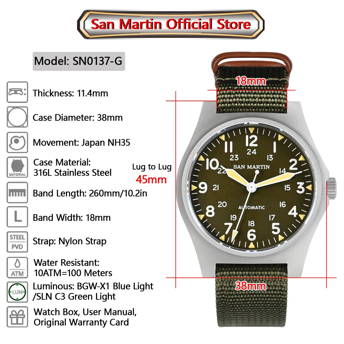 San Martin Pilot Watch 38mm NH35 Retro Military Automatic Mechanical Wristwatch Bead Blasted Case Waterproof 100m SN0137