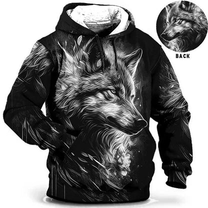Vintage Hoodies for Men Wolf Animal Pattern 3D Print Eagle Leopard Tops Autumn Winter Casual Long Sleeve Oversized Tiger Hooded