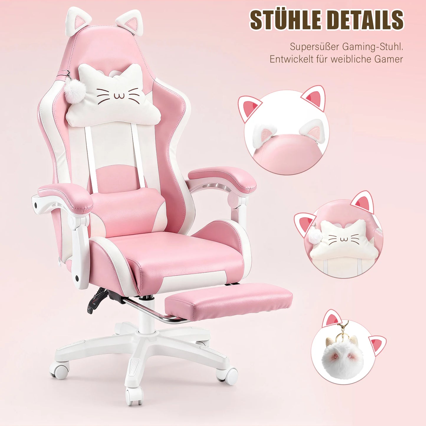Gaming Chair with Cat Ears, Computer Armchair with Footrest and Lumbar Support, Height Adjustable Game Chair, 360°-Swivel Seat