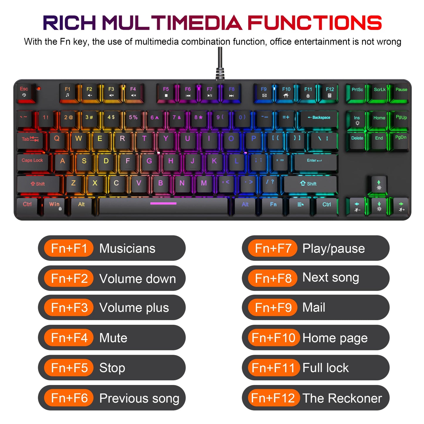 Computer Keyboard Waterproof Portable Gaming Keyboard Backlit Ergonomics Colorful Keyboard Computer Accessories 87 Keys Usb