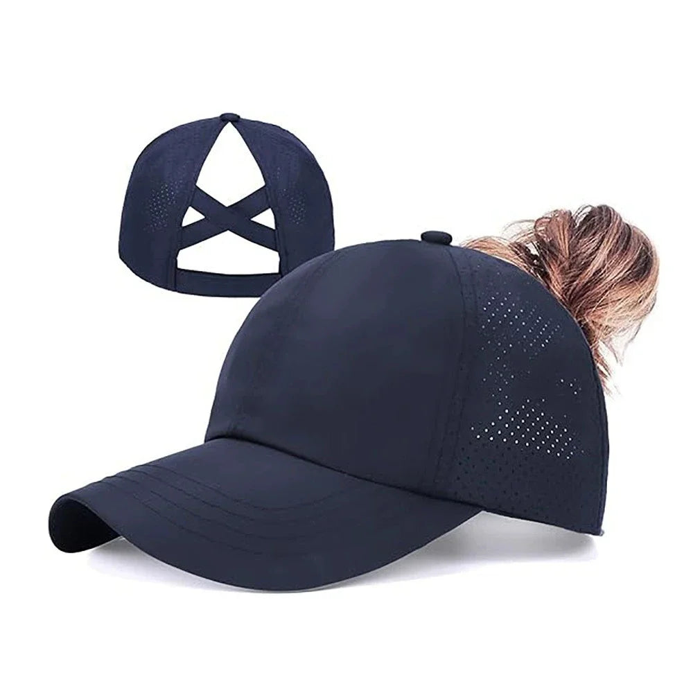 Women Summer Quick Dry Mesh Baseball Cap Solid Color Cross Ponytail Hat Athleisure