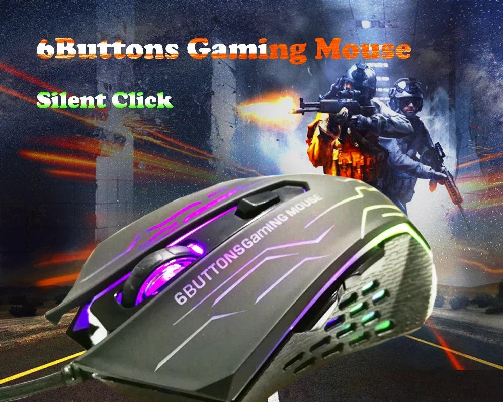 New 2026 Silent Click USB Wired Gaming Mouse 6 Buttons RGB Lighting Mute Optical Computer Mouse Mice for PC Laptop Notebook Game