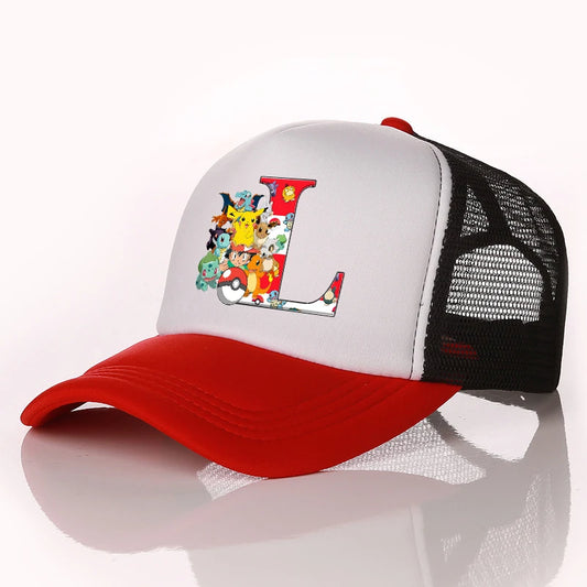 Pokemon Letter A-Z Unisex Baseball Cap Cartoon Anime Pikachu Sun Protection Mesh Sunhat Men Women Summer Outdoor Travel Peak Cap