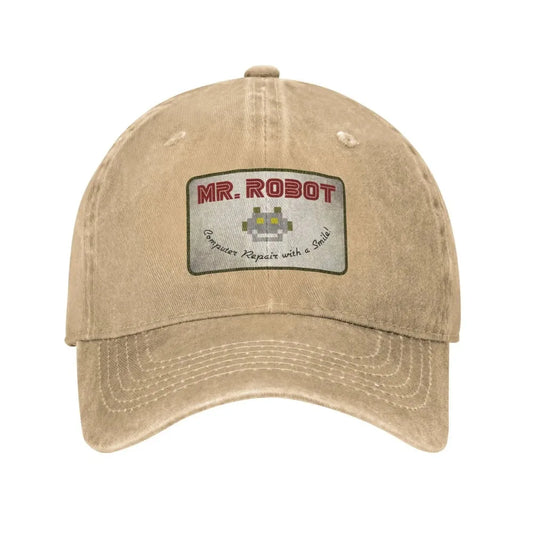 Computer with Sourires Anime Funny Mr Robot Custom Retro Cowboy Washed Baseball Caps for Men Denim Sun Hat Hip Hop Cap