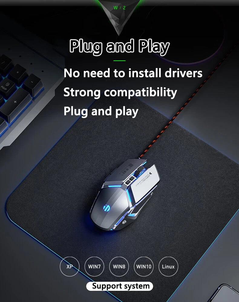 Inphic W2 2nd Generation USB Wired Gaming Mouse Silent Click Metal Style 6-key Macro Programming 8800DPI