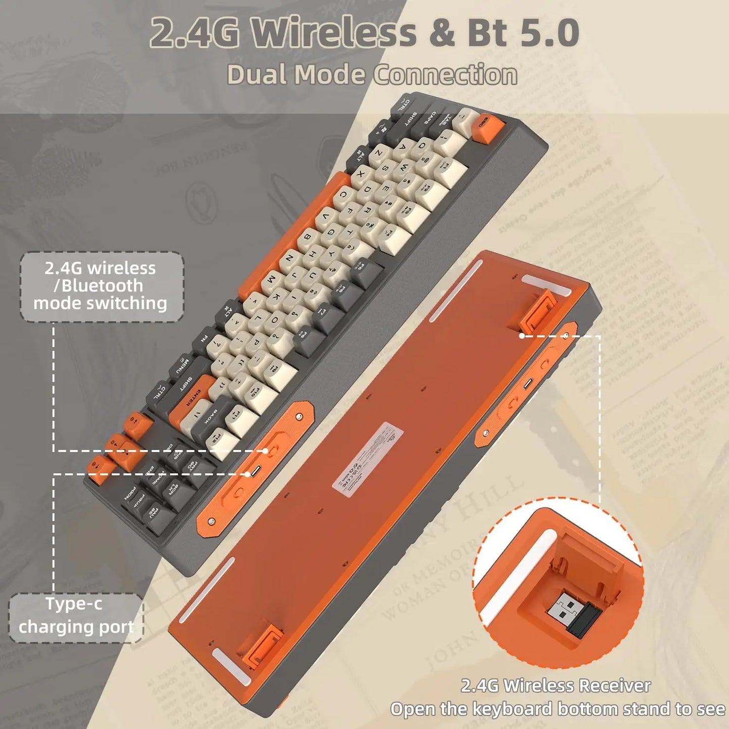 M87 Wireless Gaming Keyboard, Bluetooth 5.0/2.4GHz with Dual Mode 2-in-1 Receiver, 87 Keys TKL Rainbow LED Backlit Quiet Keyboar