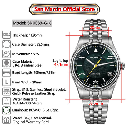San Martin 39.5mm Men Pilot Watch YN55 Automatic Mechanical Aviation Watches Chinese Style Original Design SN0033 Field Reloj