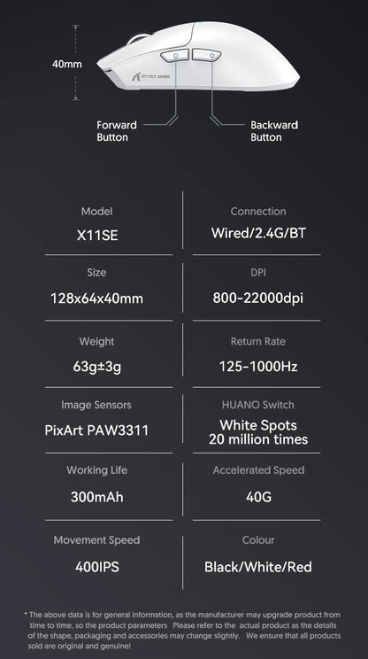Bezdrôtová herná myš ATTACK SHARK X11SE, trojrežimová, ultraľahká 63g, so senzorom PAW3311, 22000 DPI, batéria 300mAh, dvojitý ovládač