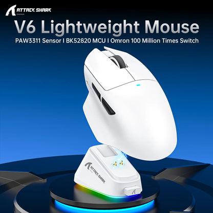 ATTACK SHARK V6  Wireless Gaming Superlight Mouse with RGB Magnetic Charging Dock,PAW3311 Sensor,Macro Gaming Mouse