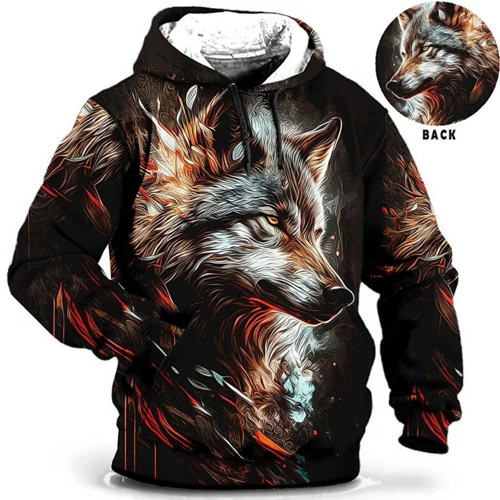 Vintage Hoodies for Men Wolf Animal Pattern 3D Print Eagle Leopard Tops Autumn Winter Casual Long Sleeve Oversized Tiger Hooded