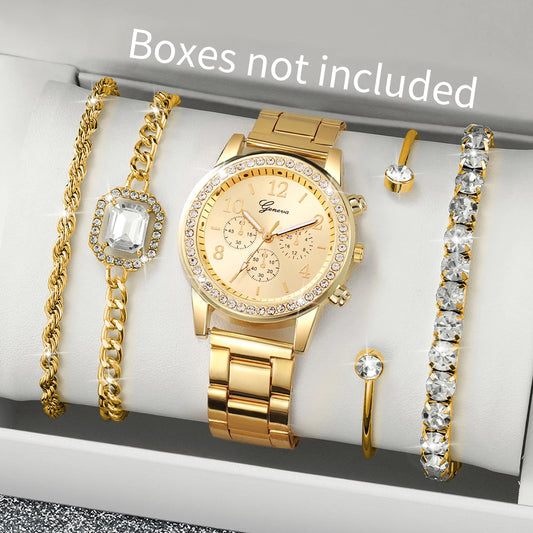 5PCS Luxury Diamond Women Watches Bracelet Set Ladies Arabic Dial Quartz Wristwatches Reloj Mujer (Without Box)