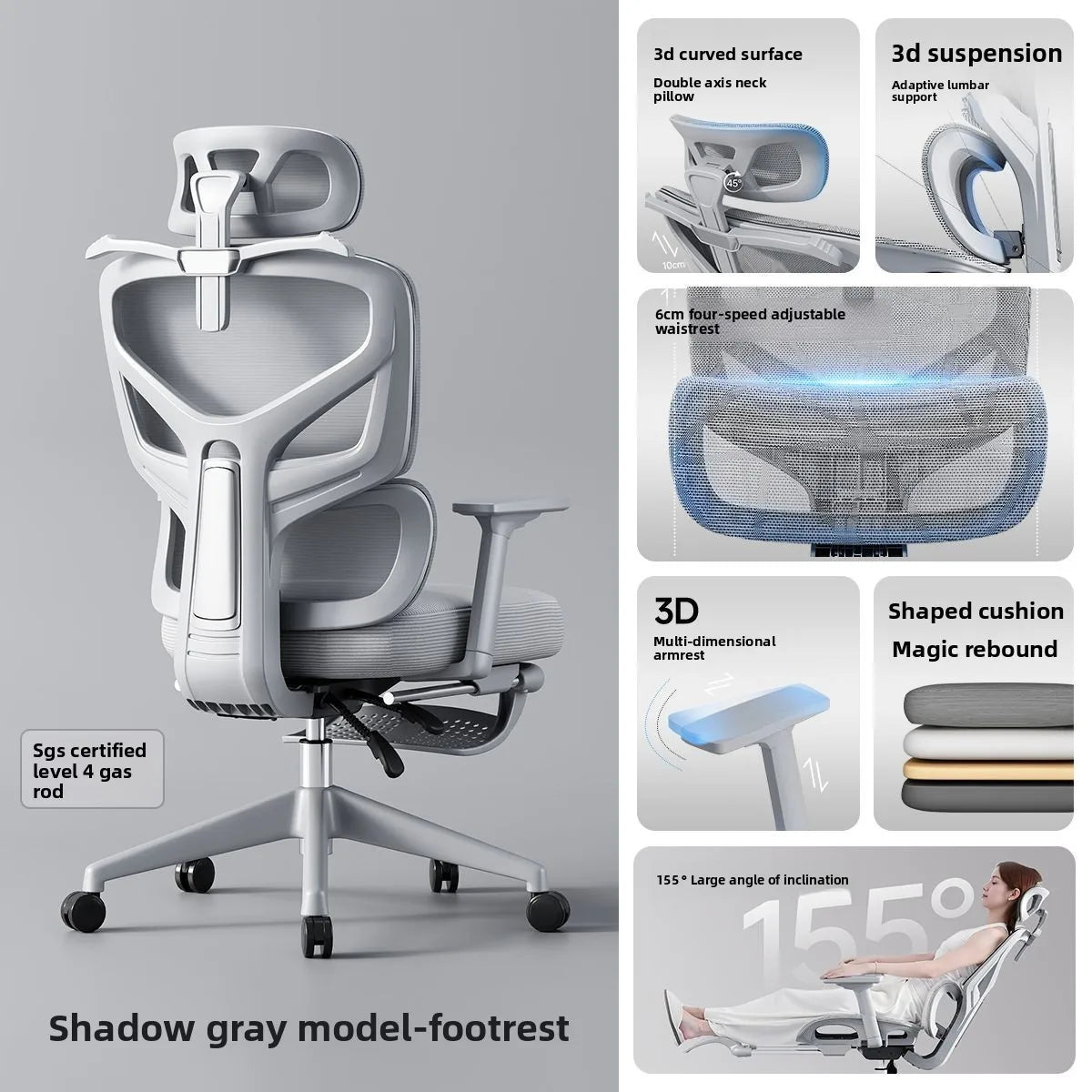 Adjustable Ergonomic Mesh Office Chair, Breathable High Back Computer Desk Chair with 6D Lumbar Support & Retractable Footrest