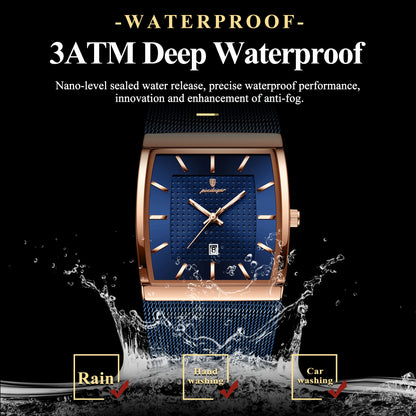 POEDAGAR Top Luxury Men Watch Stainless Steel Mesh Date Waterproof Luminous Man Wristwatch Casual Rectangle Quartz Men's Watches