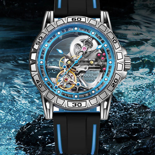 MUSANFIGO hollowed out fully automatic men's watch with mechanical movement, men's night light waterproof trendy watch