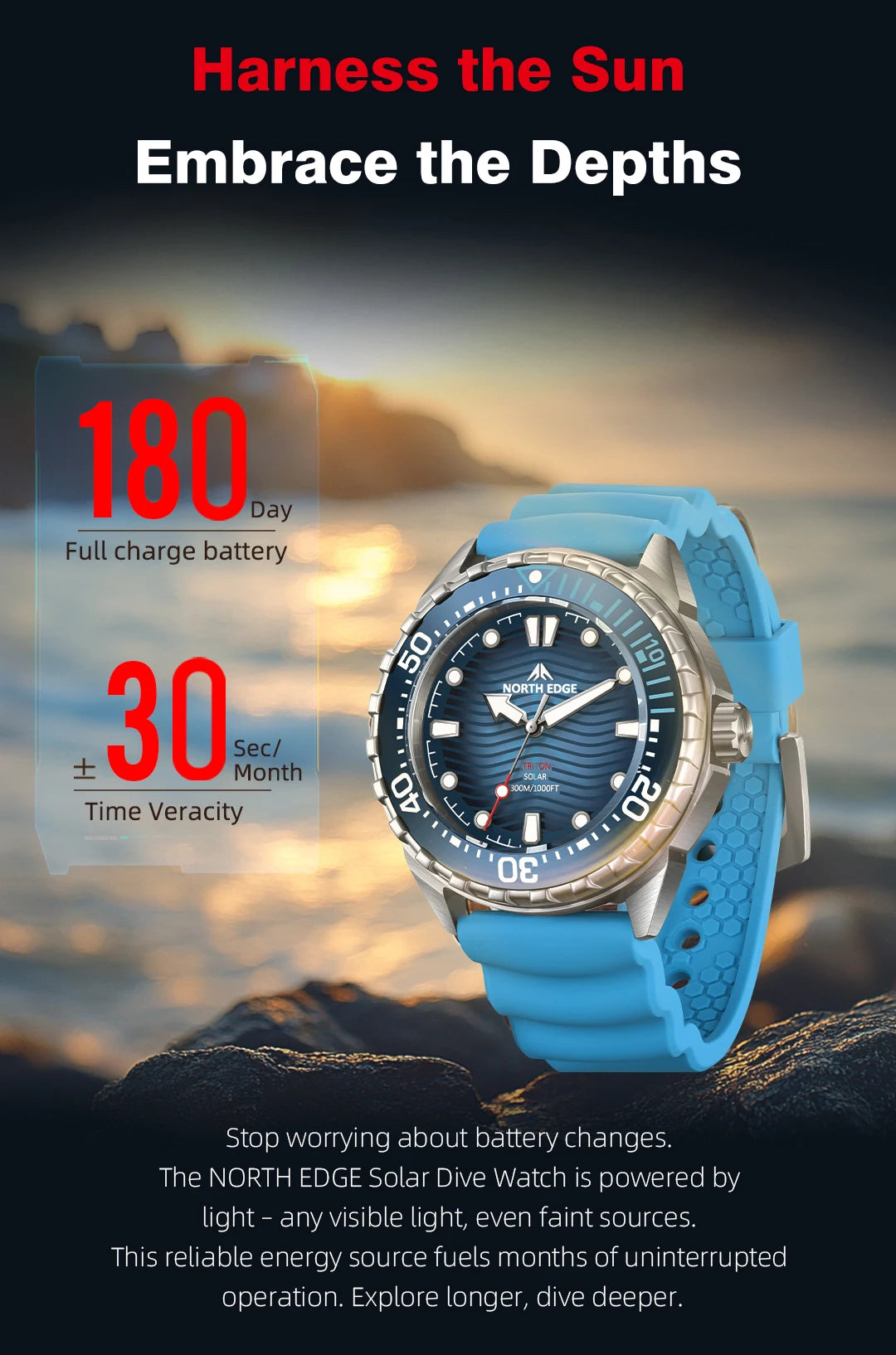 NORTH EDGE 2025 New TRITON Solar Powered Dive Watch Men Luxury Quartz Watches For Men 316L Stainless Steel Case Waterproof 300M