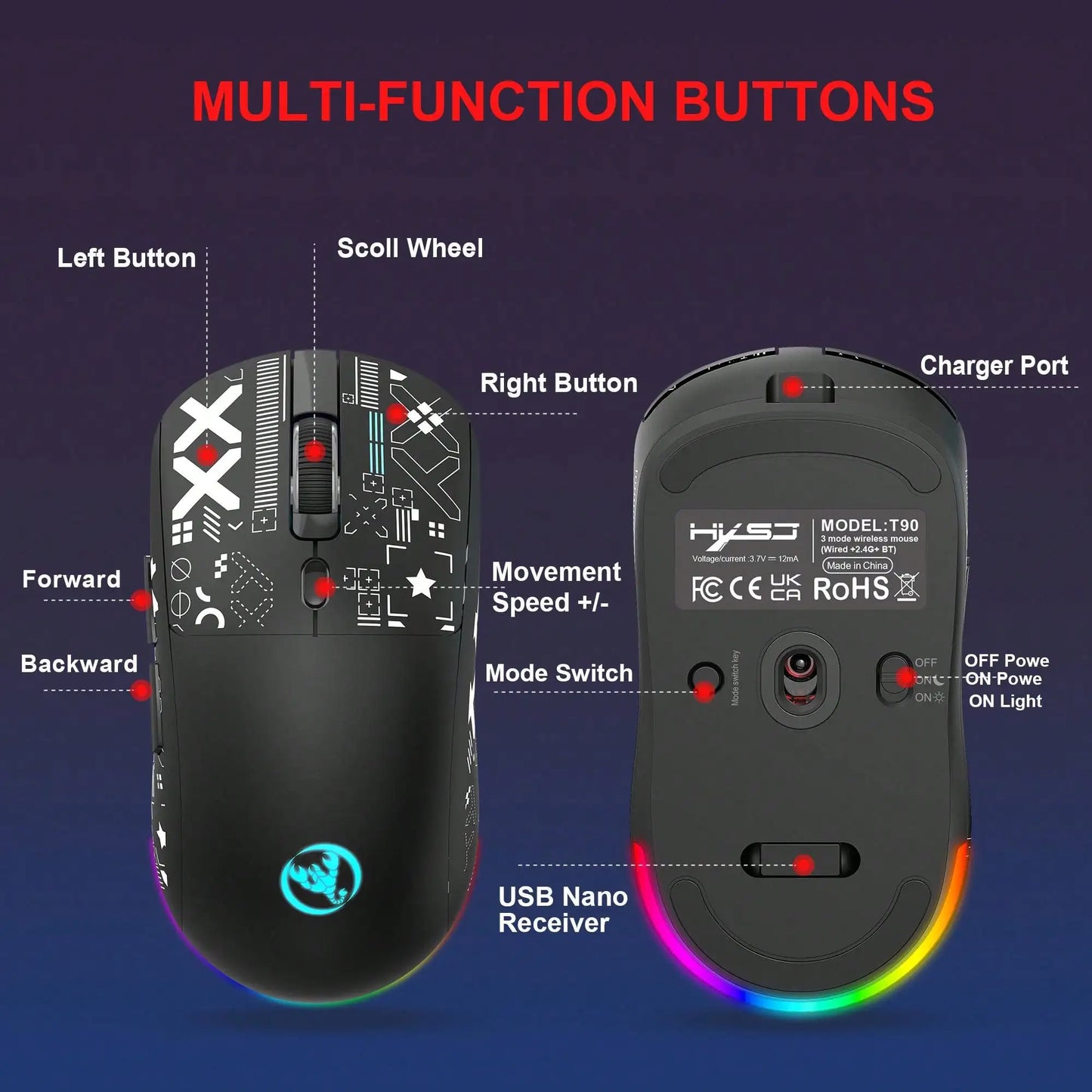 3 Modes Bluetooth Gaming Mouse Rechargeable 2.4G USB Wireless RGB Backlight Mouse for iPad Tablet Laptop Computer