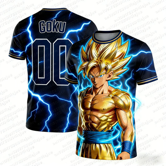 2026 Summer Dragon Ball Goku Golden Super Saiyan #00 Soccer Jersey, 3D Lightning Print Breathable Oversized Tee for Unisex Kids