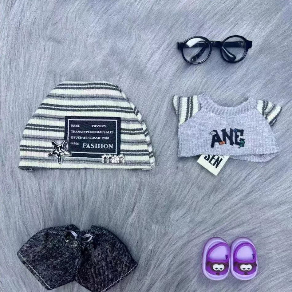 For Labubu 15-17cm Cloth Korean Grey Star Hat Suit Pull Bubu Baby Clothes 123rd Generation High-energy Hope Vinyl Doll Clothes