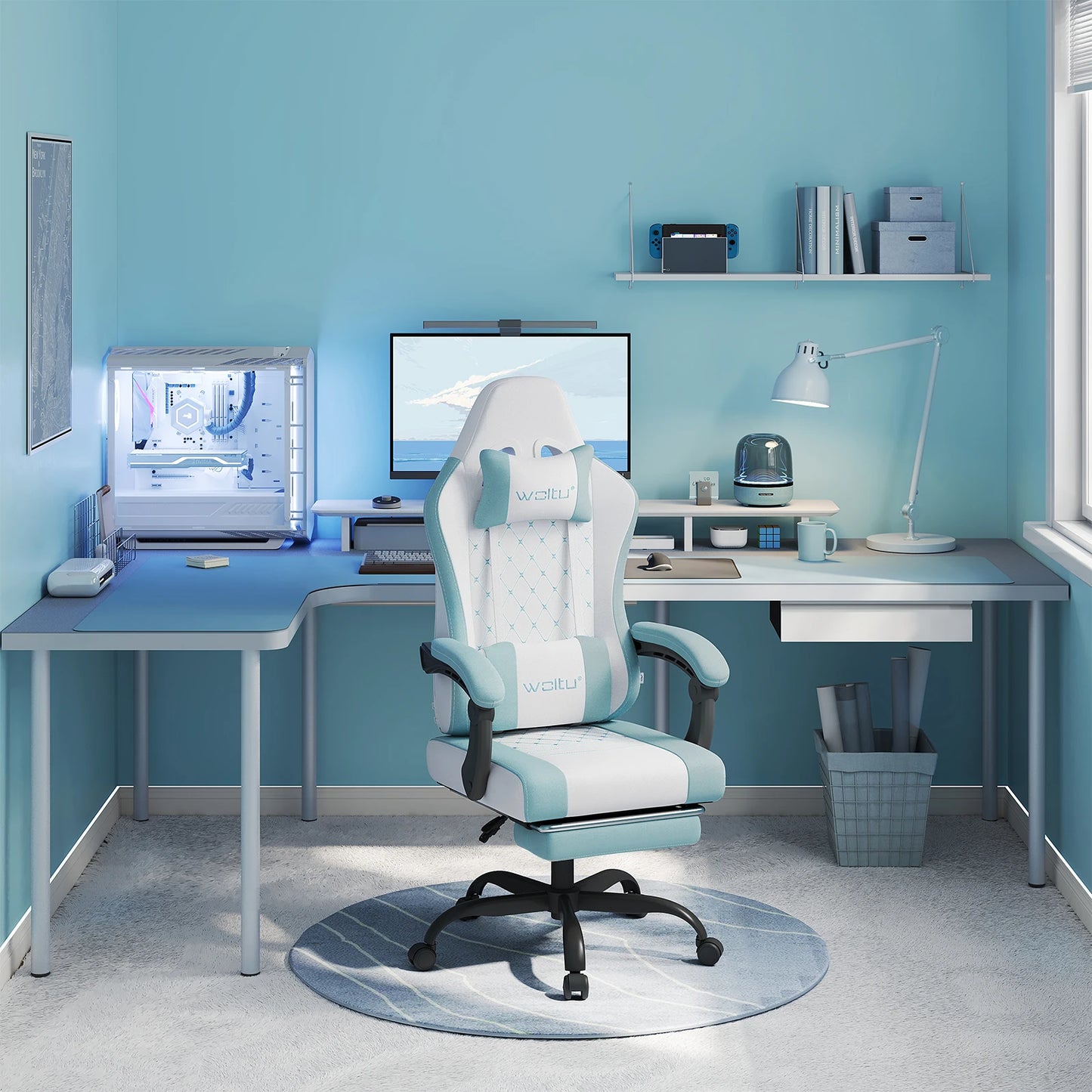 WOLTU Massage Gaming Chair Ergonomic Swivel Computer Chair with Pillow & Footrest Adjustable Headrest Lumbar Support Gamer Chair