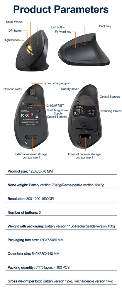 2.4G Bluetooth Wireless Vertical Mouse Rechargeable Ergonomic 1600DPI Adjustable Gaming Mouse 6Buttons for Laptop PC Computer