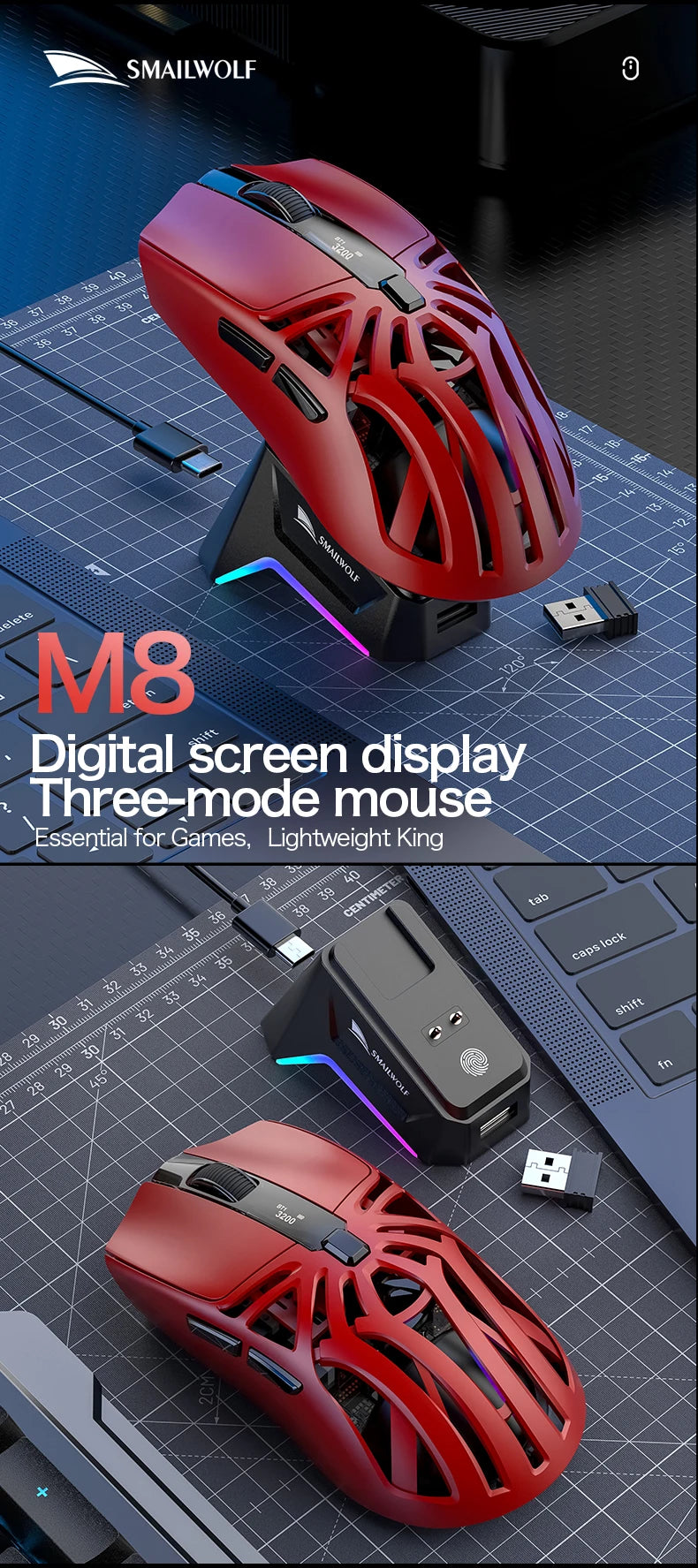 SMAILWOLF M8 Wireless Bluetooth Tri-Mode Mouse Lightweight PAW3311 Gaming RGB Magnetic Charging 12000dpi Gaming Mouse