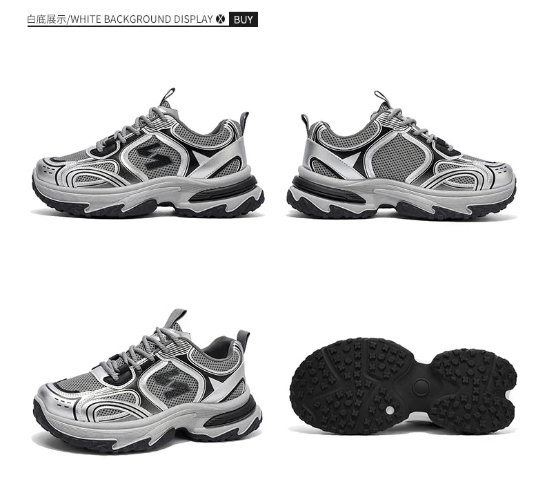 Unisex Trendy Chunky Dad Sneakers Silver Black Retro Couple Breathable Mesh Casual Platform Shoes