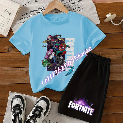Completo estivo Fortnite con T-shirt e shorts per bambini e bambine, set 2 pezzi, abbigliamento bambino con top, T-shirt e pantaloncini, stampa Fortress Night, idea regalo