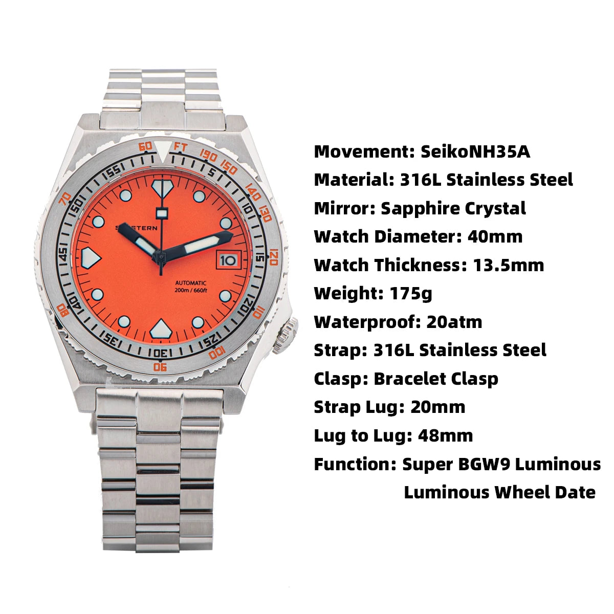 SEESTERN SUB600T V3 Men's Watch Automatic Diving Sapphire Wristwatch NH35 Movement Ceramic Bezel Luminous Date Jubilee Waterproof