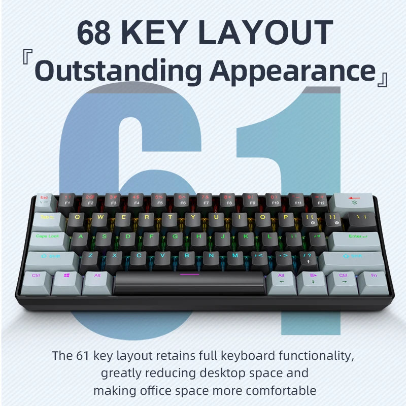 APAYADO K61 Mini 60% Gaming Keyboard 61-Key, Wired, Portable, RGB Lighting, Red/Blue Switch, Black/White/Red Colors