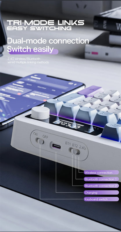 Spanish Wireless Keyboard Russian Spanish Arabic Korean 100% Keyboard Layout With Volume Knob TK100 RGB Light Type C Bluetooth
