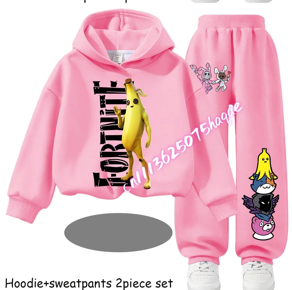 Fortnite Kinder-Set für Frühling und Herbst: langärmliges Kapuzen-Sweatshirt und Hose mit Gaming-Cartoon-Print für Jungen