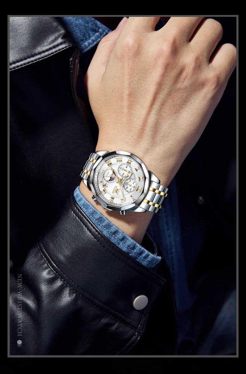 OLEVS 3675 Mens Watch Original Multifunctional Chronograph Quartz Watch Moon Phase Watches For Men Waterproof Mens Gifts Reloj