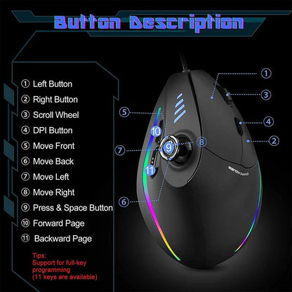 BOW Wired Gaming Mouse Programmable 12 Buttons RGB Mouse for Gamer Desktop Laptop PC Ergonomic Vertical Mouse Joystick 10000DPI