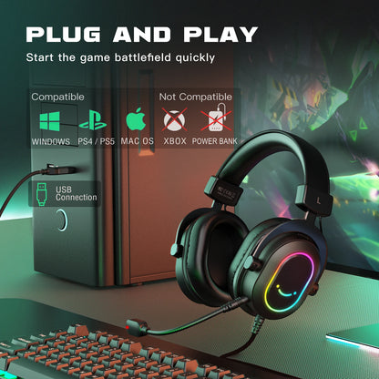 FIFINE RGB Gaming Headset with Mic – 7.1 Surround Sound Wired Over-Ear USB Headphones for PC, PS4, PS5, with EQ Modes & Noise Isolation