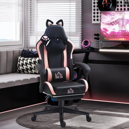 Gaming chair with cat ears, tiltable backrest, retractable footrest, maximum load capacity 120kg, gaming chair, office chair,