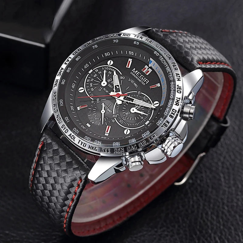 MEGIR analoog quartz-polshorloge voor heren – Waterdicht luxehorloge met leren band, casual stijl, model 1010 (zwart)