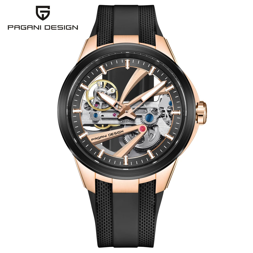 Herrklocka från PAGANI DESIGN – Mekanisk automatisk lyxmodell av typen ”skelett” (öppen mekanism), utrustad med en tourbillon, safirglas med antireflexbehandling, vattentät och självlysande.