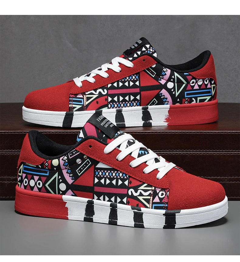YRZL Men's Sports Running Shoes Canvas Geometric Style Lace-Up Sneakers Couples' Fashionable Graffiti Print Skate Shoes Men