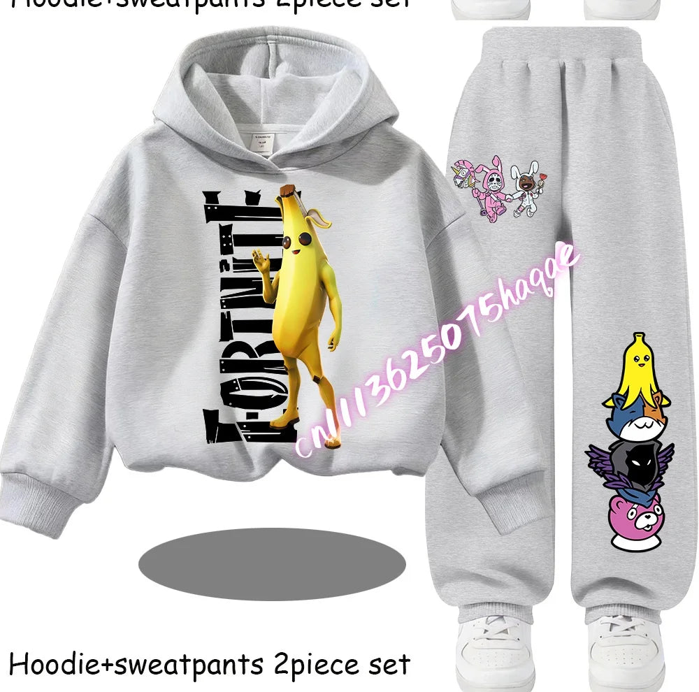 Fortnite Kinder-Set für Frühling und Herbst: langärmliges Kapuzen-Sweatshirt und Hose mit Gaming-Cartoon-Print für Jungen